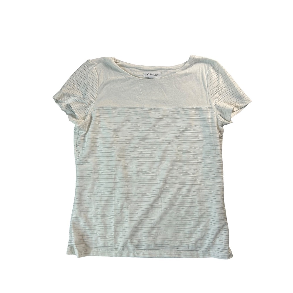 Calvin Klein Women's White Textured Pleated Short Sleeve Top S9CTX56A Small
